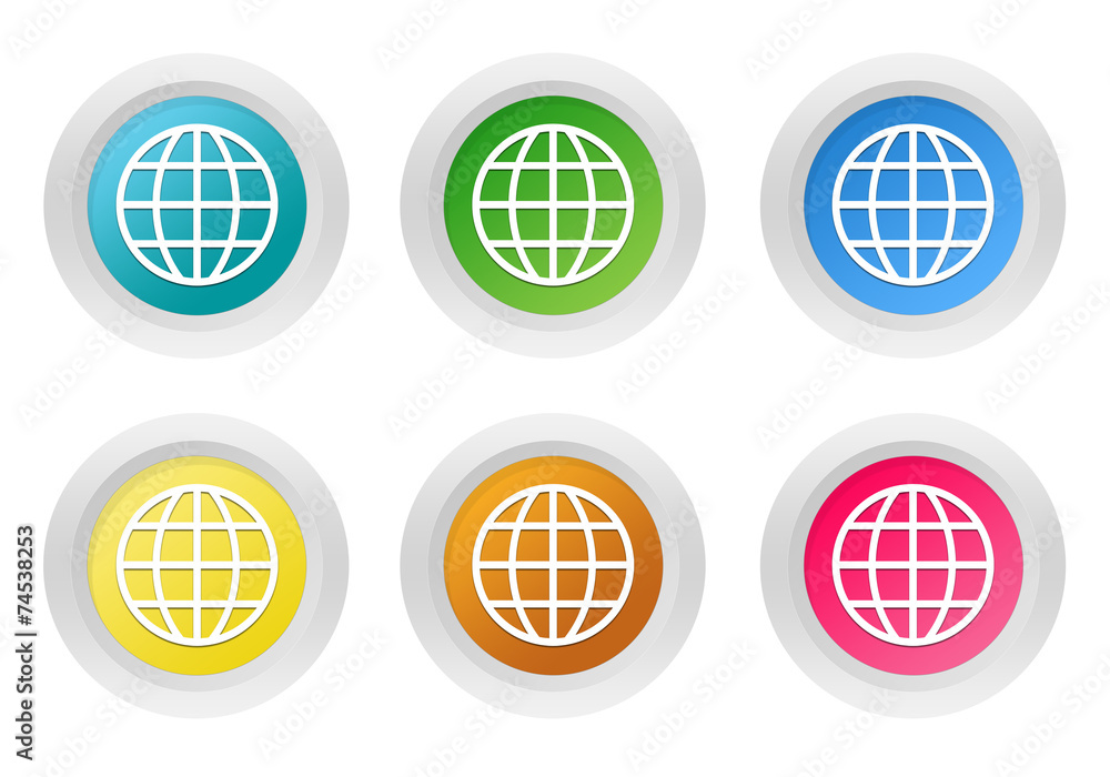 Poster set of rounded colorful buttons with world symbol