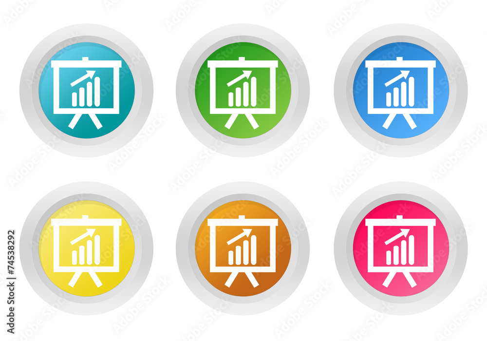 Aufkleber set of rounded colorful buttons with presentation symbol