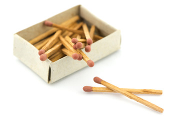 Old matches in a box on white background.