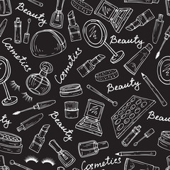 Vector pattern with attributes of cosmetics in black