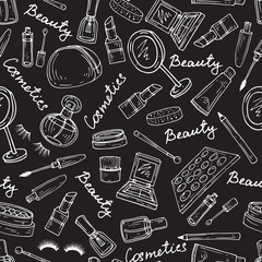 Vector pattern with attributes of cosmetics in black