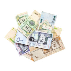 Obraz na płótnie Canvas Pile of modern Saudi Arabia money isolated on white