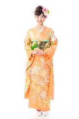 japanese woman wearing kimono on white background
