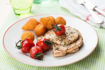 steaks, potato croquettes
