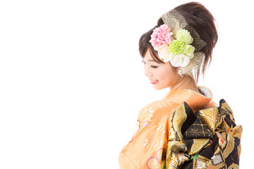 japanese woman wearing kimono on white background