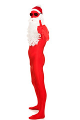 Side view santa in latex clothing with thumbs up