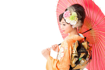 japanese woman wearing kimono on white background