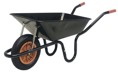 Black galvanised steel wheelbarrow cart isolated on white - obrazy, fototapety, plakaty