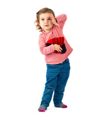 Little girl holding a Christmas hat over white background