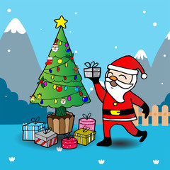 Greeting card, Christmas card with Santa Claus and Christmas Tre