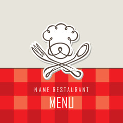 menu design with whiskered cook and kitchenware