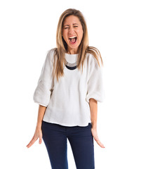 Woman shouting over white background