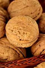 Whole walnuts and walnut kernel in a wicker basket