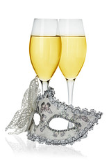 Carnival mask and glasses with champagne