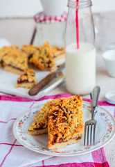 pie pastry with apple jam and milk in a glass bottle