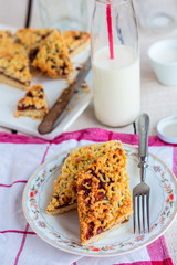 pie pastry with apple jam and milk in a glass bottle