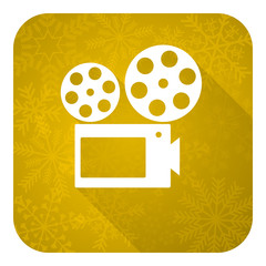 movie flat icon, gold christmas button, cinema sign