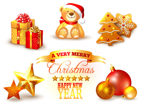 Set of Christmas icons in yellow and red color scheme