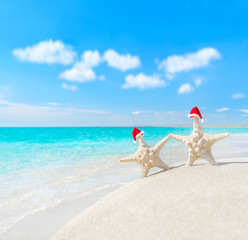 Fototapeta na wymiar Sea-stars couple in santa hats at sea beach. New Years or Christ