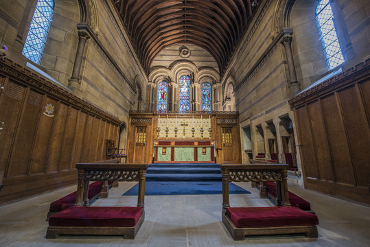 Interior of a chapel with wood paneling