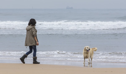 Mujer con perro paseando por la orilla de la playa
