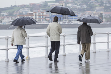 Hombres con paraguas paseando por la ciudad