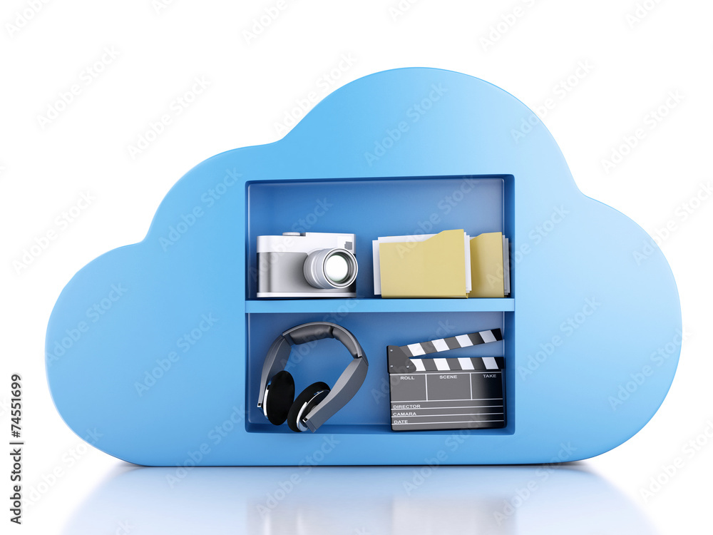 Poster 3d cloud computing concept with multimedia icons on white backgr