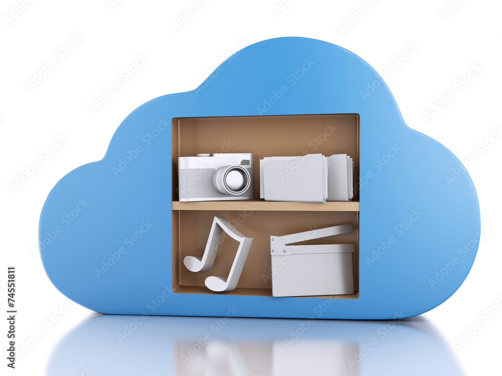 Poster 3d cloud computing concept with multimedia icons on white backgr