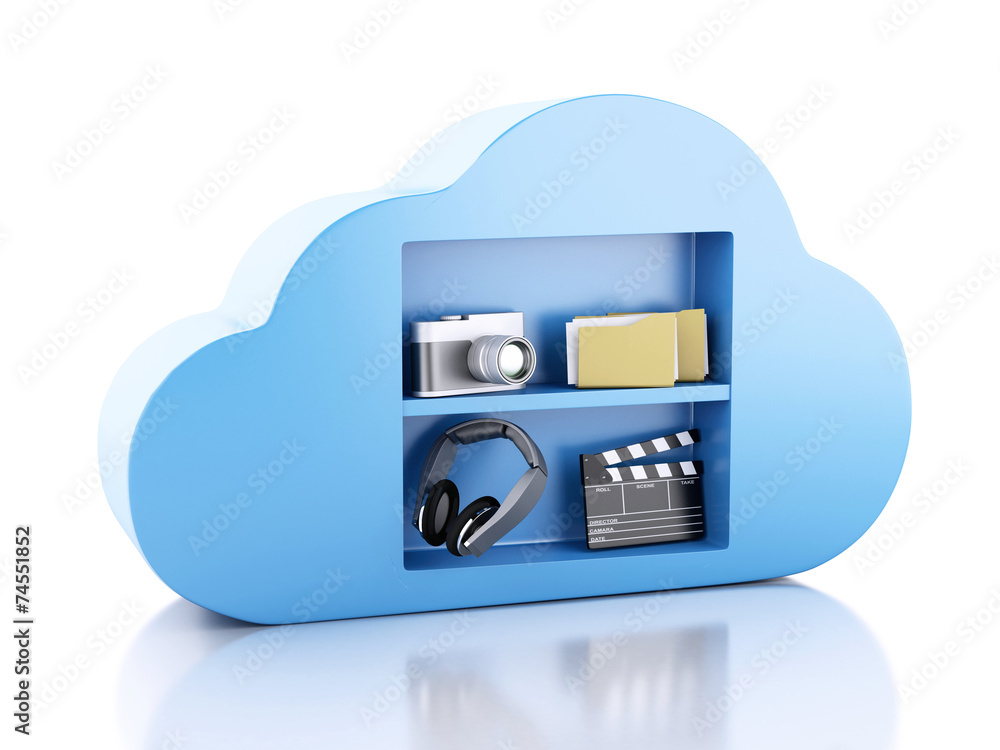 Poster 3d cloud computing concept with multimedia icons on white backgr