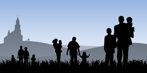 young people with children going to church vector illustration © Alex White