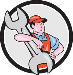 Mechanic Carry Spanner Wrench Circle Cartoon