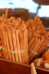 Cinnamon sticks on the market place in box