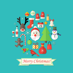 Merry Christmas Card with Flat Icons over Blue