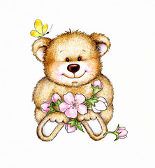 Cute Teddy bear with flowers