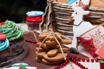 Christmas various gingerbread cookies, cakes, cupcakes.