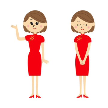 Two pose variations of young woman in red china dress