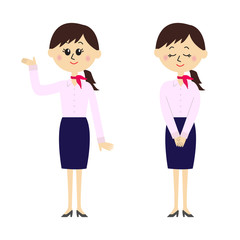 Two pose variations of young woman in a flight attendant outfit