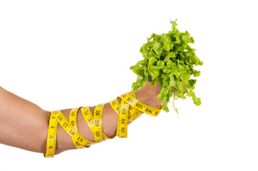man's arm wrapped in measuring tape holding fresh lettuce leaves