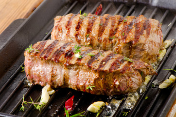 Succulent fillet steak on a grill pan