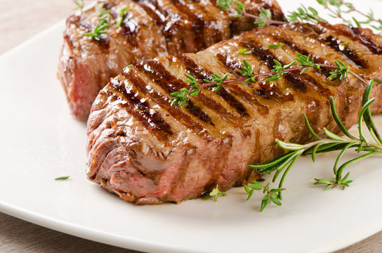 Beef Steak On   White Plate