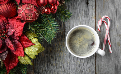 Coffee with Christmas Holiday Decorations and Candy Canes