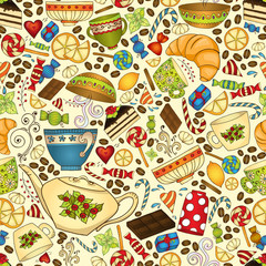 Tea, coffee and sweets seamless pattern.