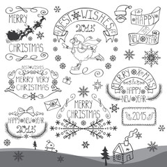Vintage Christmas,New Year Calligraphic badges set.Outline