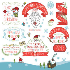Vintage New Year,Christmas Calligraphic badges decor set.eps