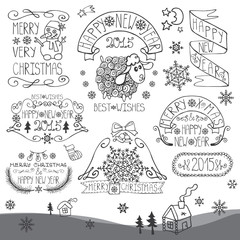 Vintage New Year,Christmas Calligraphic badges set.Outline