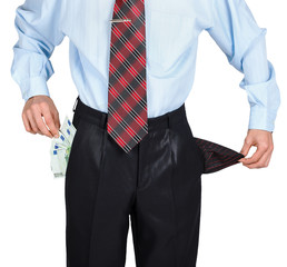 Businessman showing his empty one pocket and euro in the other p