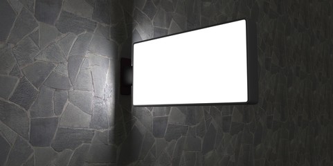 3d Blank street advertising billboard on stone wall at night