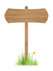 Wooden signpost on grass with flower isolated on white