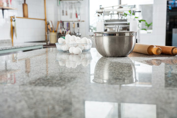 Fototapeta na wymiar Ingredients On Marble Countertop In Commercial Kitchen