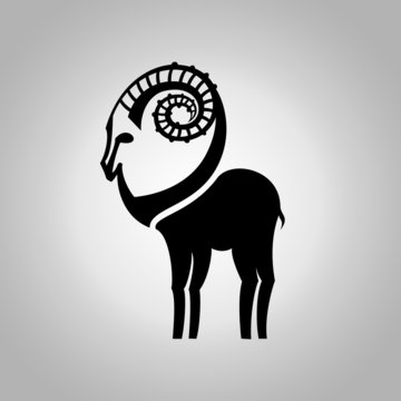 Stylized black silhouette of goat's figure. Ibex sign on white